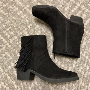 Black Faux Suede Fringe Western Booties